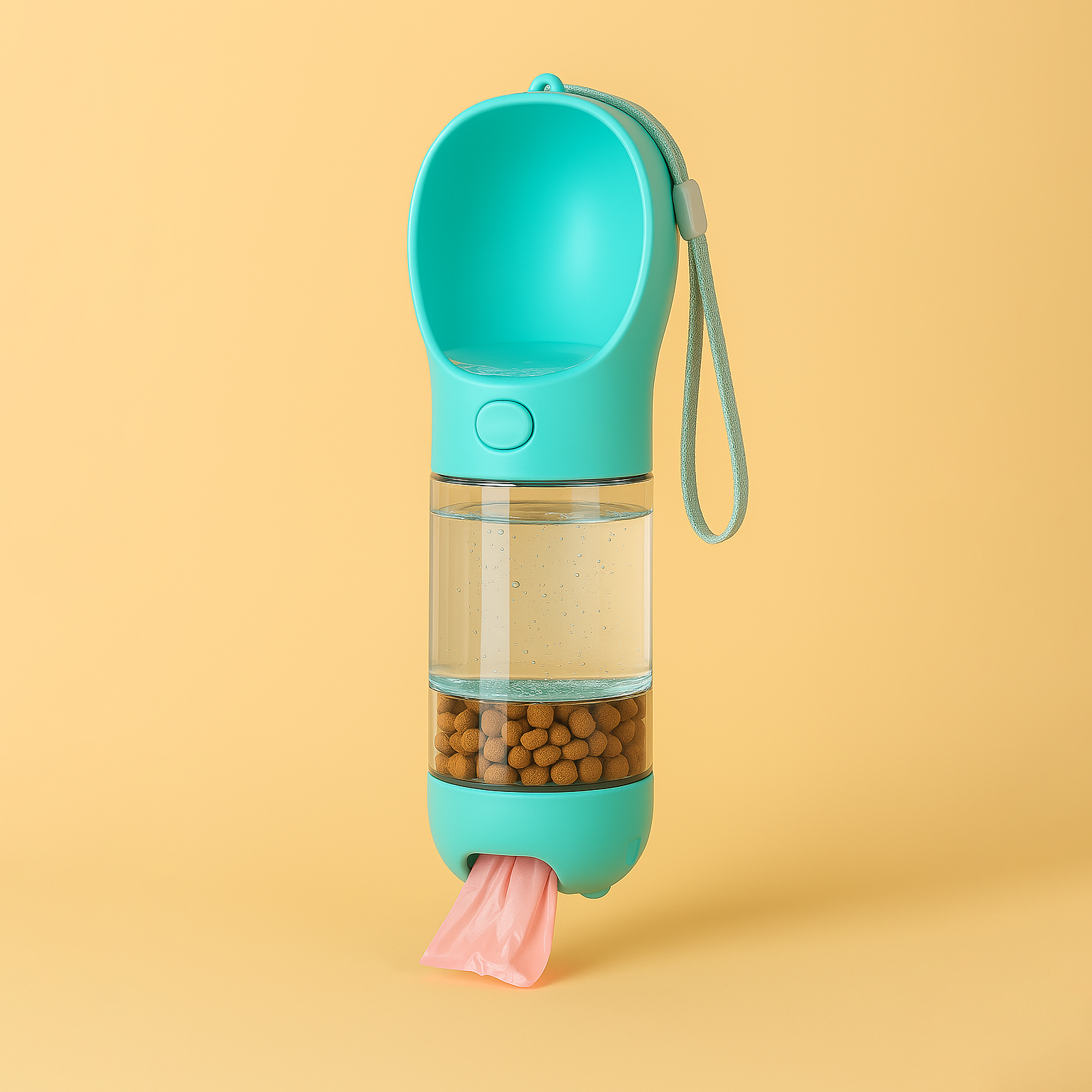 Hund unterwegs mit 3-in-1 Reiseflasche für Wasser, Snacks und Kotbeutel