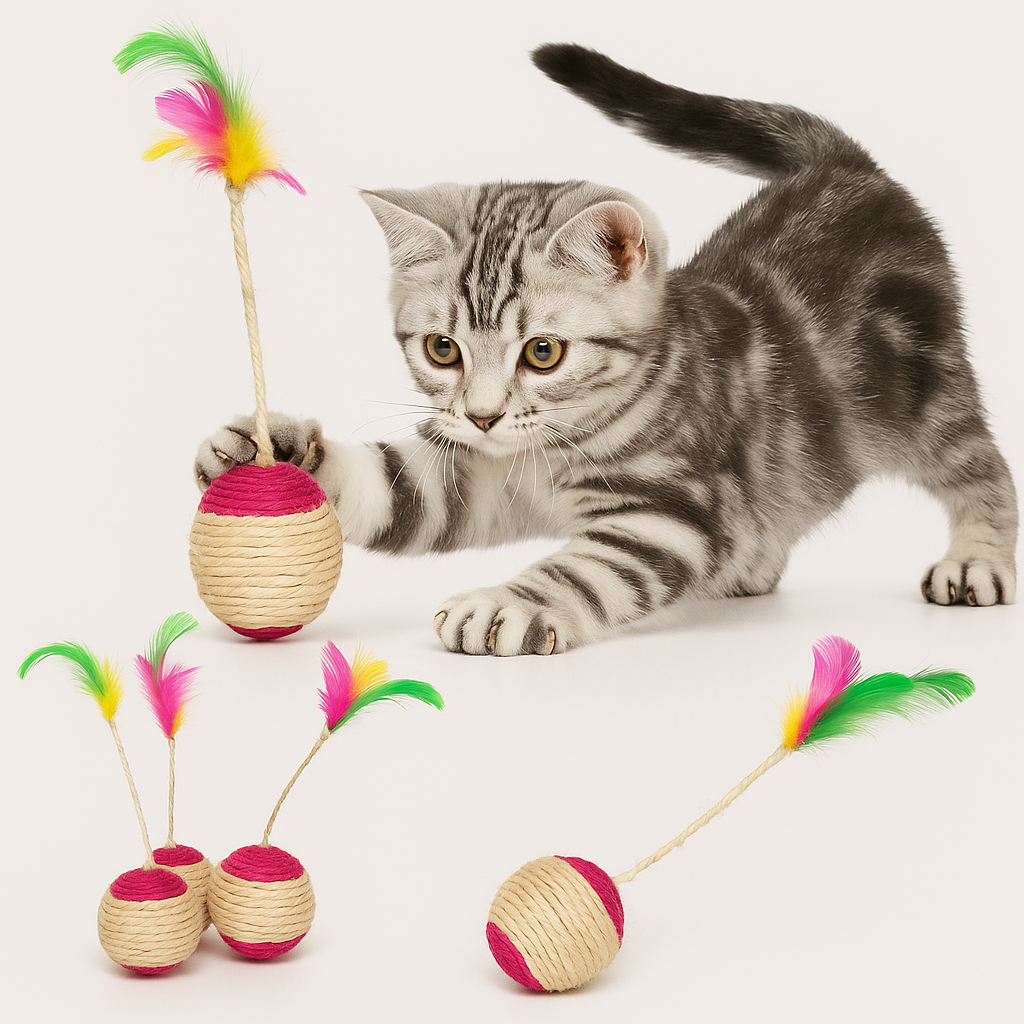 Sisal-Katzenball mit Feder in bunten Farben